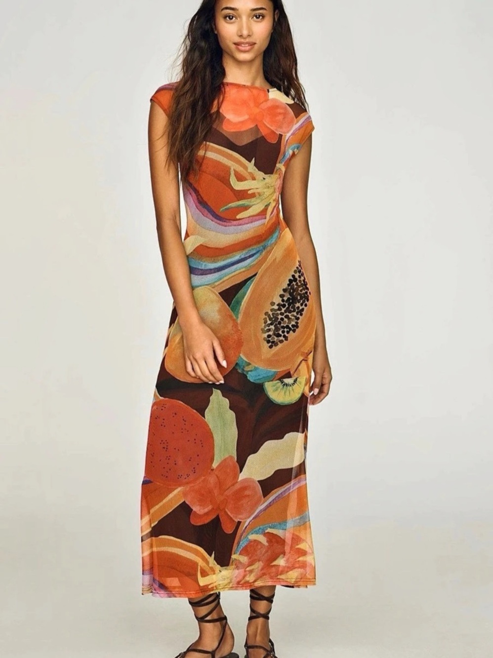 Never Fully Dressed Rio Mesh Dress Abstract Midi Orange & Multicolor 10P